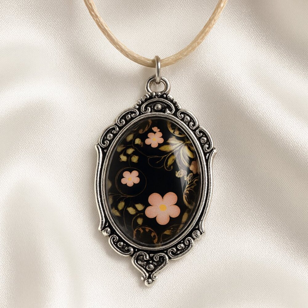 Ornate Silver Floral Oval Pendant Necklace – Colorful Vintage Botanical Elegance